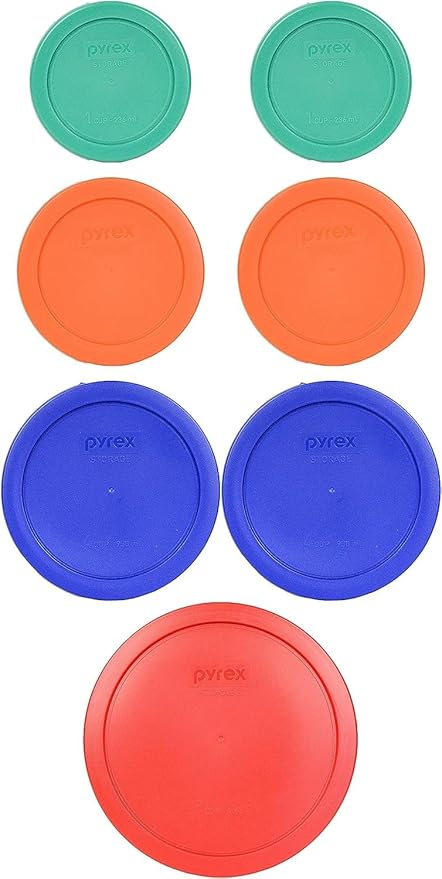 Pyrex (2) 7202-PC Green, (2) 7200-PC Orange, (2) 7201-PC Cobalt Blue, (1) 7402-PC Red Food Storage Lids - Made in USA