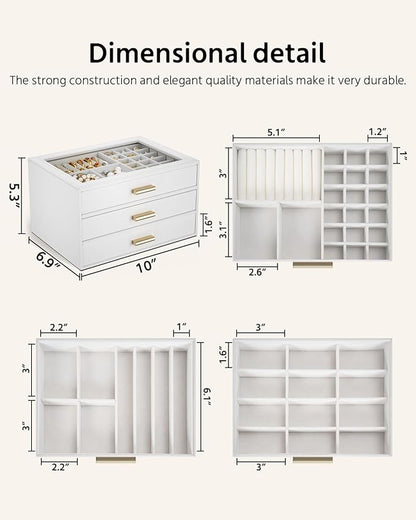 AKOZLIN Jewelry Box with Clear Lid Functional Leather Jewelry Storage Organizer Case 3 Drawers for Women Girls Necklace Ring Bracelet Earring
