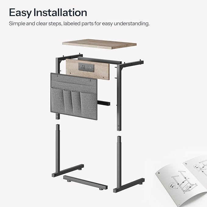 HOOBRO C Shaped End Table with Charging Station, 28" Tall Couch Table for Couch and Recliner for Small Spaces, Slide Under Sofa Table TV Tray with Storage Bag for Living Room, Greige BG70USF01