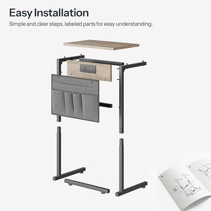 HOOBRO C Shaped End Table with Charging Station, 28" Tall Couch Table for Couch and Recliner for Small Spaces, Slide Under Sofa Table TV Tray with Storage Bag for Living Room, Greige BG70USF01
