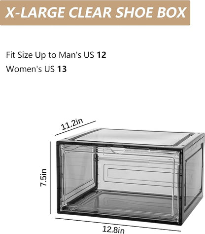 Clear Shoe Box Plastic Stackable Upgraded 6 Pack Shoe Storage Box Organizer with Clear Large Magnetic Door for Display Sneakers Easy Assembly, White