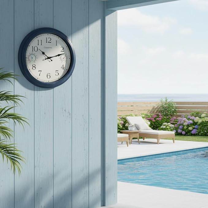 16 Inch Large Outdoor Clock with Thermometer & Hygrometer – Vintage Blue Coastal Decor Waterproof Wall Clock for Patio, Pool, Garden, Backyard