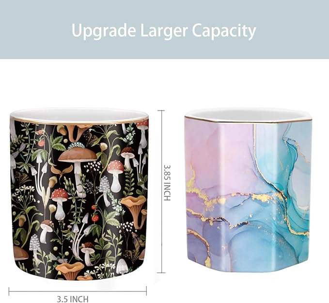 WAVEYU Pen Pencil Holder for Desk, Ceramic Pen Cup Cute Makeup Brush Holder, Unique Desk Multifunctional Pens Organizer for Home, Office, Mushrooms Pattern