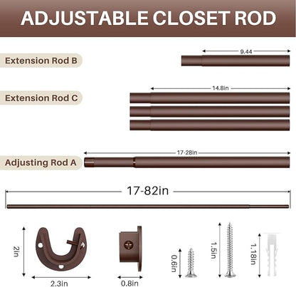 Closet Rod - Closet Rods for Hanging Clothes, 17 to 82 inch Adjustable Closet Hanging Rod, Heavy Duty Clothes Rod Clothing Bar, Closet Poles for Hanging Clothes for Wardrobes, Shower Curtain