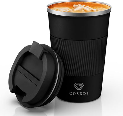 CS COSDDI 12 oz Stainless Steel Insulated Coffee Tumbler, Spill Proof Travel Mug with Lid for Hot & Cold Drinks, Car Cup Holder Friendly, Black
