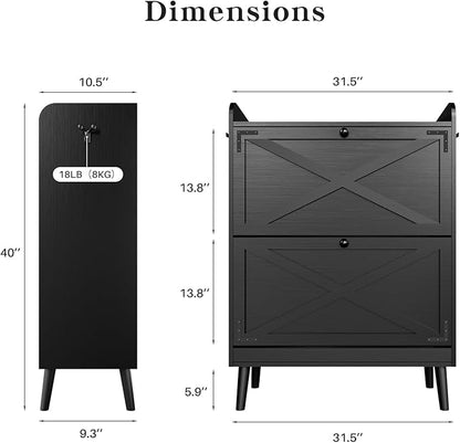 Shoe Storage Cabinet with 2 Flip Drawers & Adjustable Shelves,Freestanding Shoe Cabinet Storage with Side Hooks Narrow Shoe Rack Cabinet for Entryway,Hallway,Rustic Black