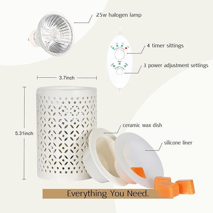 ASAWASA Ceramic Wax Melt Warmer with Timer and Silicone Dish,Candle Wax Warmer for Scented Wax & Essential Oils,Ideal Gift for Home Office Kitchen(Long White)