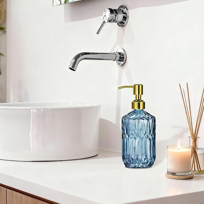 COHOSEGE 17 Oz Blue Glass Kitchen Soap Dispenser for Dish Soap, 2 Pack Bathroom Soap Dispenser Set with Gold Rust Proof Pump for Lotion, Hand soap or Body Wash