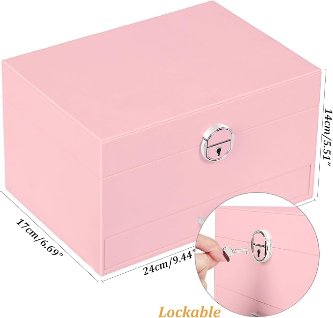 QBestry Earring Jewelry Box for Girls Pink, 5 Layers Jewelry Organizer with Lock Key Jewelry Boxes for Women Necklace and Earring Holder Organizer for Girls Teen Jewelry Box Earrings Case Xmas Gifts