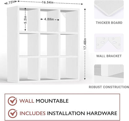 Helsin 9 Grid Vintage Coffee Mug Display Rack, 16inch Wall Mounted Wooden Curio Shadow Box Shelf, Cup Floating Shelves Display and Organizer (White)