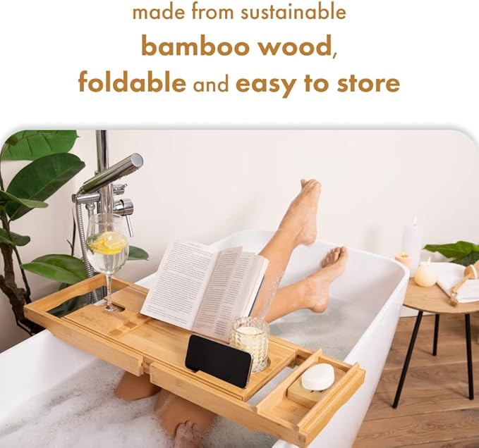 TranquilBeauty Premium Bath Caddy | Bath Board with iPad, Tablet, and Phone Stand | Extendable Wooden Tray Bath Rack