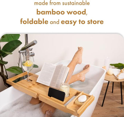 TranquilBeauty Premium Bath Caddy | Bath Board with iPad, Tablet, and Phone Stand | Extendable Wooden Tray Bath Rack