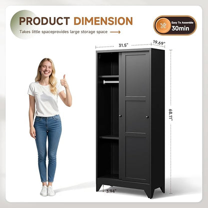 Letaya Metal Sliding Door Wardrobe Cabinets,68" Tall Armoire Wardrobe Closet with Sliding Doors and Shelves,Narrow Slim Coat Closet Cabinet with Hanging Rod,Space Saving for Home (Black)