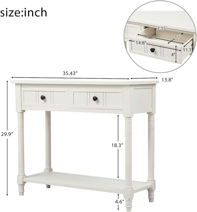 Knocbel 35.5 Inch Antique Entry Console Table with Drawers & Bottom Open Shelf, Solid Wood Sofa Couch Table for Entryway Hallway Living Room (Ivory White)