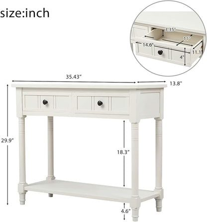 Knocbel 35.5 Inch Antique Entry Console Table with Drawers & Bottom Open Shelf, Solid Wood Sofa Couch Table for Entryway Hallway Living Room (Ivory White)