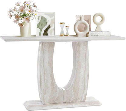 55" Console Table for Entryway, Narrow Sofa Entrance Table with Faux Mars Marble Pattern, Modern Sofa Tables with U-Shaped Base for Living Room, Hallway, Foyer, Home Office, Beige Light