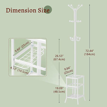 FAVOOSTY Coat Rack Freestanding,Coat Rack Stand with Umbrella Holder,Metal Coat Tree with 12 Hooks,Tree Clothes Hat for Entryway, Hallway, Bedroom, Living Room & Office -White