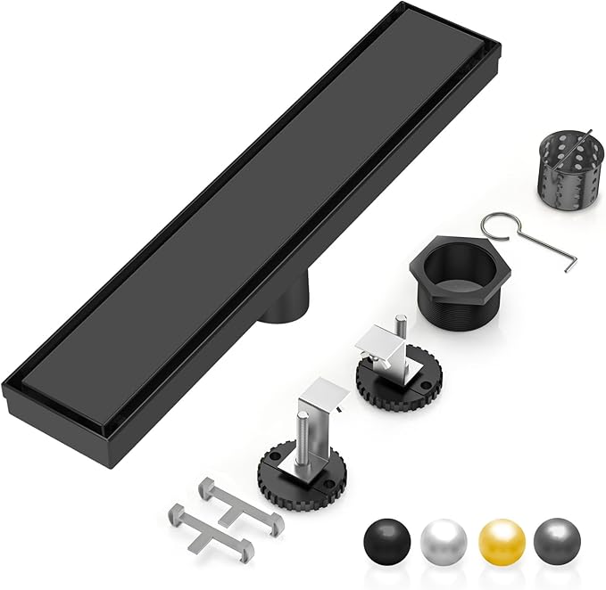 DLONE Linear Shower Drain | 18" AISI 304 Stainless Steel Shower Drain, Matte Black Linear Drain with Tile Insert Panel & Adjustable Feet, Long Rectangle Shower Floor Drain in Bathroom, Balcony etc