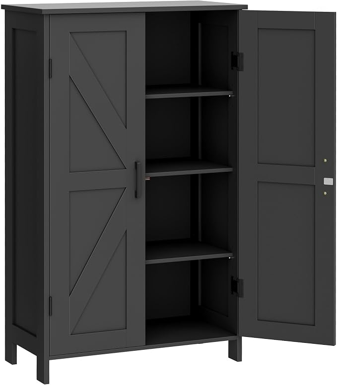 Homleke Farmhouse Bathroom Cabinet with Adjustable Shelves, Free-Standing Storage Cabinet with Barn Doors, for Kitchen, Living Room, Dining Room, Entryway, Black