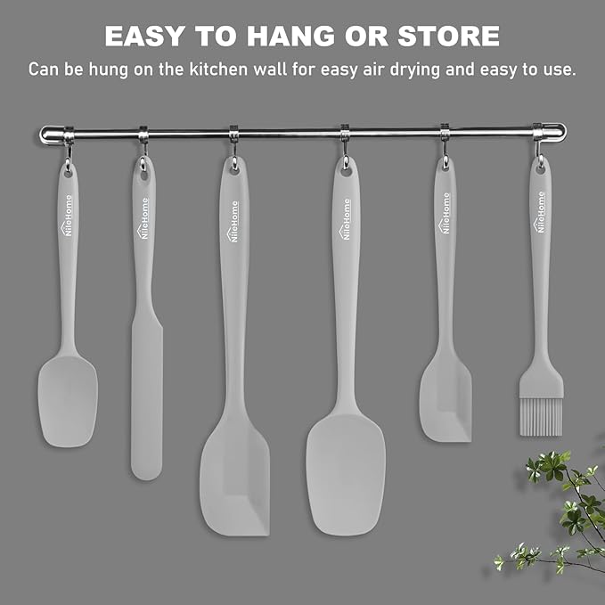 NileHome Silicone Spatula Set, 6 Pieces Food Grade Kitchen Utensils with Silicone Brush Heat Resistant Up to 600°F Dishwasher Safe BPA-Free Rubber Spatula for Scraping, Baking, Cooking, Mixing-Grey