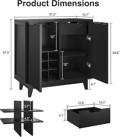 Fluted Coffee Bar Cabinet with Storage, Modern Sideboard Buffet Cabinet with Removable Wine Rack, Drawer, Adjustable Shelf, Black Liquor Cabinets for Living Room, Dining Room, Kitchen, Entryway