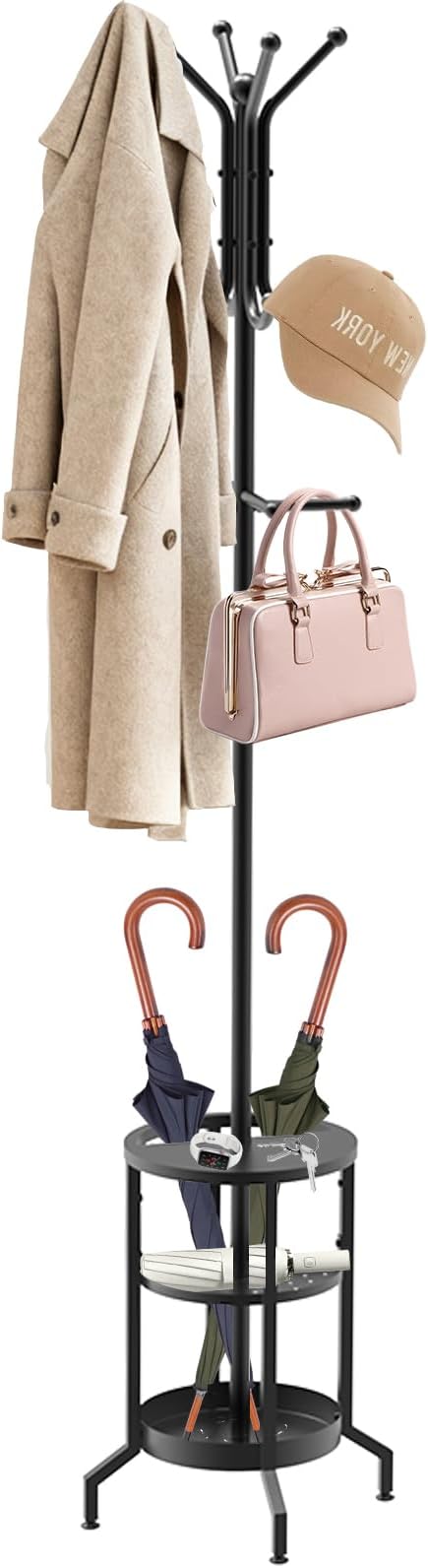 Coat Rack with Umbrella Holder, Coat Rack Freestanding, Metal Coat Tree with 12 Hooks, Modern Coat Hanger Stand for Entryway Living Room Bedroom Office