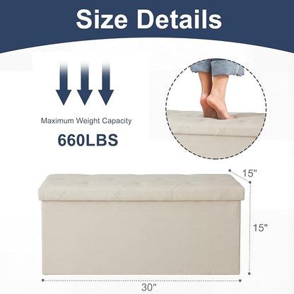 DUMOS 30in Storage Ottoman Bench, Foot Rest Stool Load 350Lbs,Storage Chest with Padded Seat, End of Bed Bedroom Bench for Living Room,Bedroom, Entryway Beige