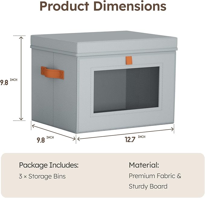 Homsorout Storage Bins with Lids - Front Opening Storage Box with Clear Window & Handles, Stackable Foldable Fabric Bins for Closet Organization, Clothes, Sweaters, Towels, Blankets, 3 Pack, Grey