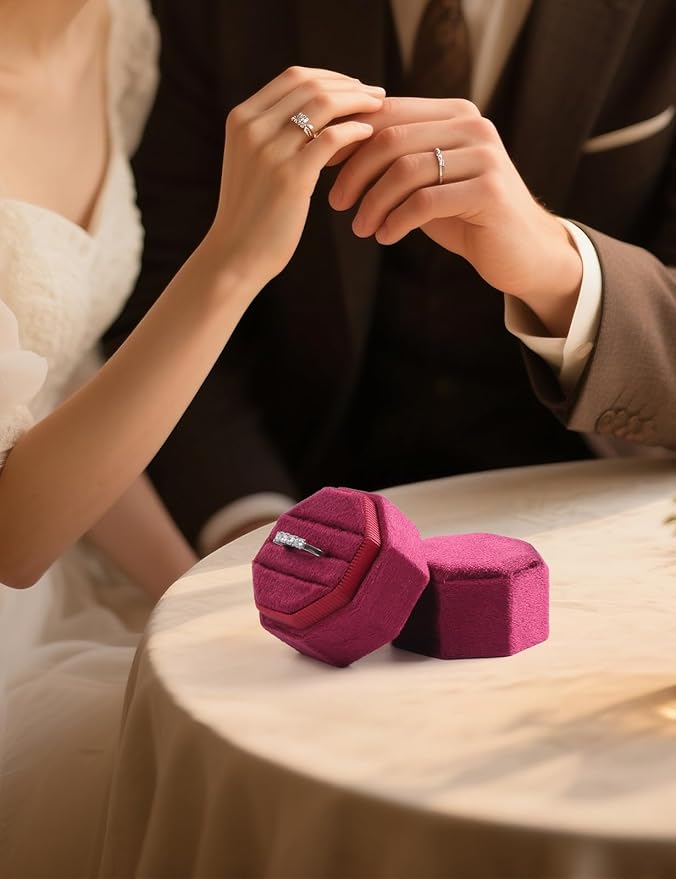 Velvet Ring Box, 3 Slots Wedding Ring Box, Vintage Octagon Premium Jewelry Display Holder Gift Box with Detachable Lid for Engagement Wedding Box Keepsake Box Bridal Photo