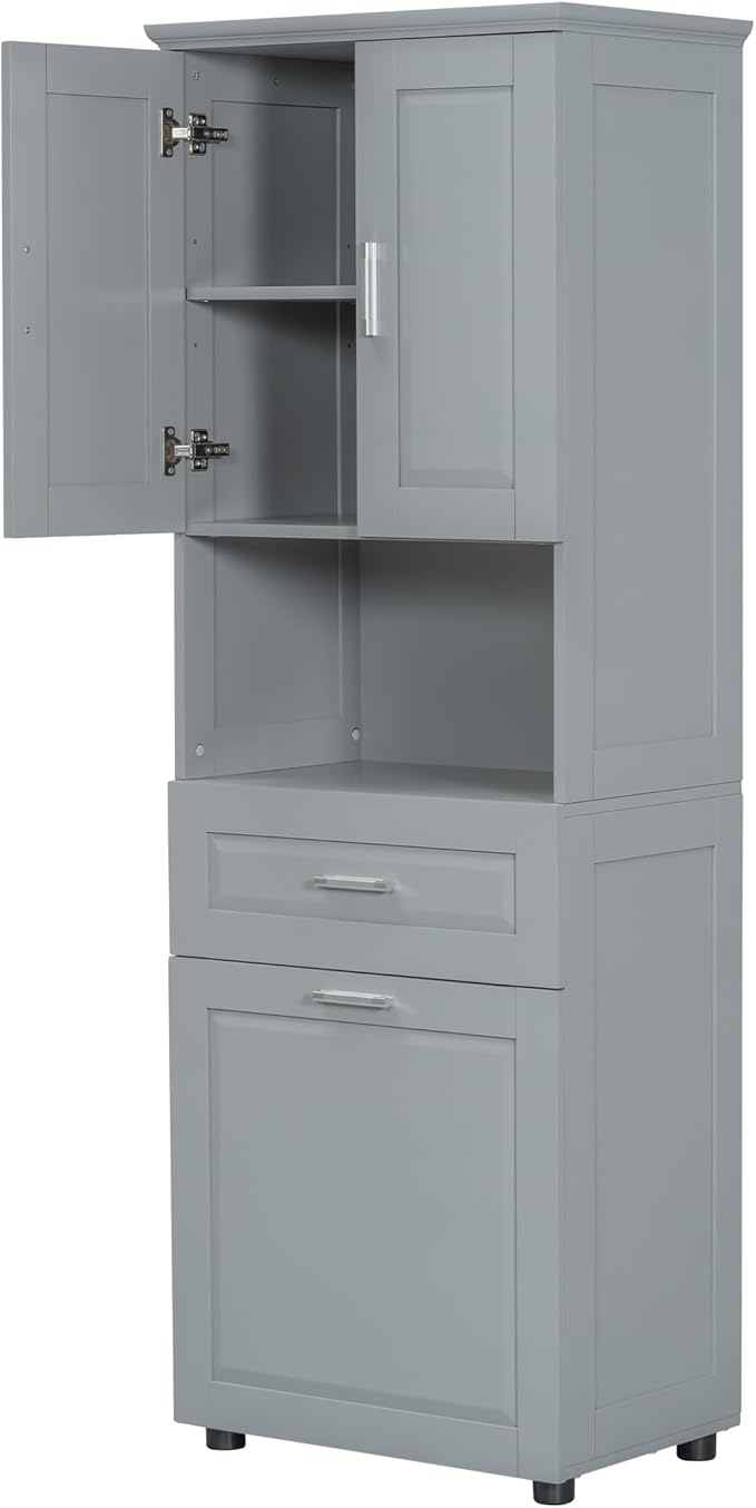 70" Tall Bathroom Storage Cabinet with Two Doors and Drawer, Open Space and Laundry Hampers for Home Display Organizer, Removable Laundry Basket, Adjustable Shelf, Gray