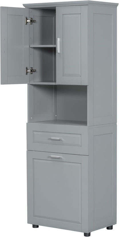 70" Tall Bathroom Storage Cabinet with Two Doors and Drawer, Open Space and Laundry Hampers for Home Display Organizer, Removable Laundry Basket, Adjustable Shelf, Gray