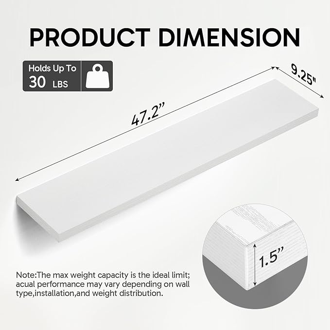 BAYKA Floating Shelves Set of 2, 47.2 inches Long Heavy Duty Wall Mounted Rustic Wood Shelves for Bathroom, Bedroom, Living Room, Kitchen, Office, Hanging Shelf for Books/Storage/Decor, White