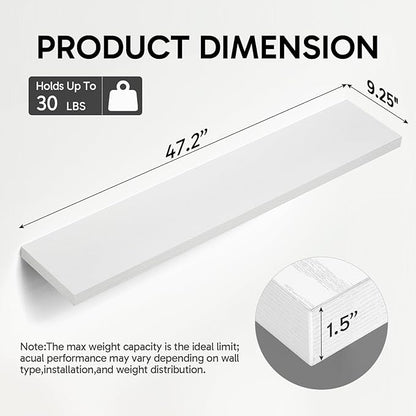 BAYKA Floating Shelves Set of 2, 47.2 inches Long Heavy Duty Wall Mounted Rustic Wood Shelves for Bathroom, Bedroom, Living Room, Kitchen, Office, Hanging Shelf for Books/Storage/Decor, White