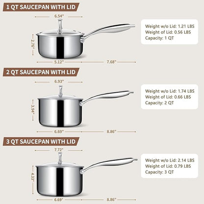 EWFEN 3 Ply Stainless Steel Sauce Pan Set with Lids, 1 & 2 & 3 Quart Multipurpose Cooking Pot, Stay-Cool Handle, Induction Oven Dishwasher Safe, 1QT & 2QT & 3QT