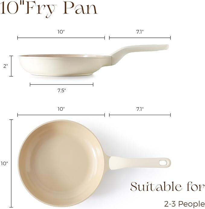 PRICUSIS Nonstick Ceramic Frying Pan, 8/10 Inch Skillet with Stay Cool Handle, Fully Coated, Induction Compatible & Oven Safe, 100% Dishwasher Safe, PTFE PFAS & PFOA Free（10 Inch, Coconut White）