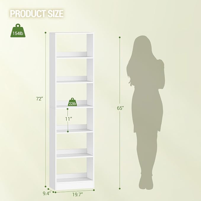 Hzuaneri Bookcase, Tall Narrow Bookshelf, Open Display Storage Shelf, Skinny Cube Book Shelf with Adjustable Shelves, CD Rack for Living Room, Home Office 6-Tier(9.4 x 19.7X 72 inch) White BC59603X