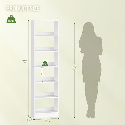 Hzuaneri Bookcase, Tall Narrow Bookshelf, Open Display Storage Shelf, Skinny Cube Book Shelf with Adjustable Shelves, CD Rack for Living Room, Home Office 6-Tier(9.4 x 19.7X 72 inch) White BC59603X
