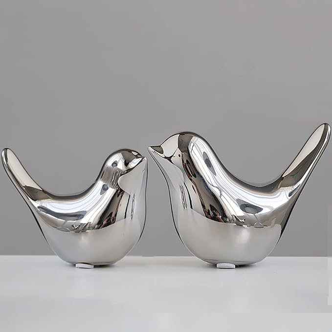 FANTESTICRYAN Small Birds Statues Gold Home Decor Modern Style Figurine Decorative Ornaments for Living Room, Bedroom, Office Desktop, Cabinets (M&L, Silver)
