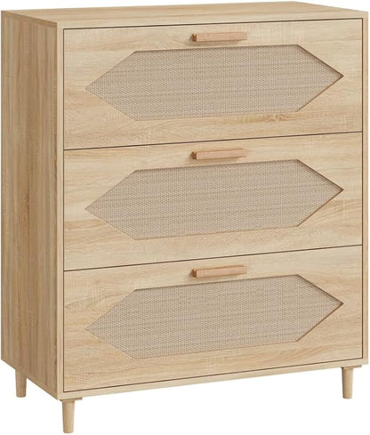GAOMON 3 Drawer Dresser for Bedroom, 31.5 Inch Wide Rattan Modern Closet Dressers Chest of Drawers, Wood Oak Storage Chest for Kids Bedroom, Hallway, Living Room, Hallway, Natural
