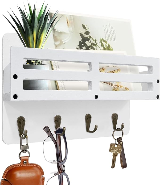 Key Holder Wall Mount Farmhouse Key Hooks for Wall with Mail Organizer Decorative Key Rack with 4 Sturdy Hooks for Dog Leash, Sunglasses, Rustic, Paulownia Key Hanger for Entryway