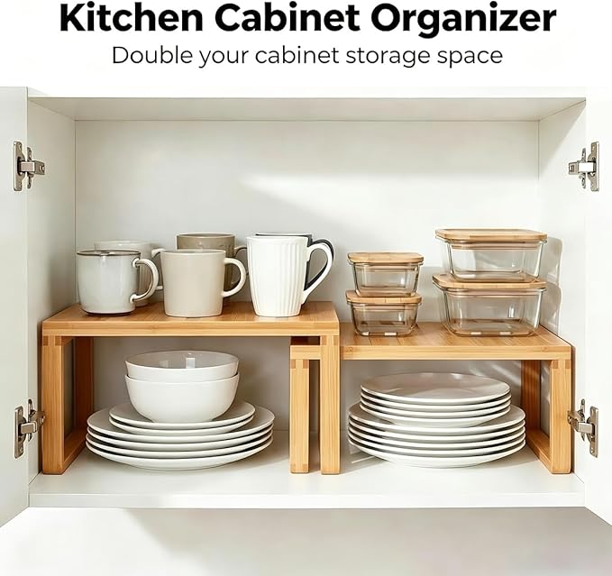 JinDoWin Bamboo Kitchen Cabinet Organizer Shelf | Stackable & Expandable Shelf Organizer | Pantry organizers and storage | Spice Rack Organizer for Cabinet, Holds Dishes & Tableware (2, W11.8″)