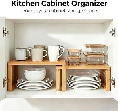 JinDoWin Bamboo Kitchen Cabinet Organizer Shelf | Stackable & Expandable Shelf Organizer | Pantry organizers and storage | Spice Rack Organizer for Cabinet, Holds Dishes & Tableware (2, W11.8″)
