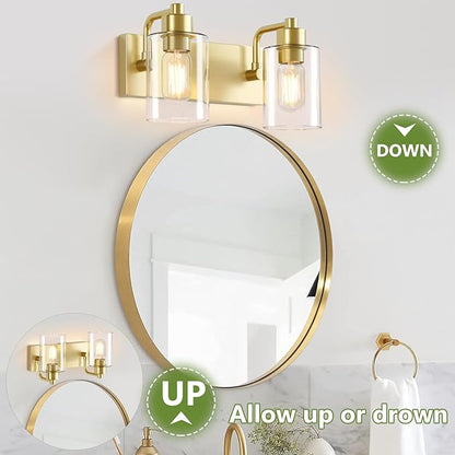 Gold Bathroom Light Fixtures,2-Light Bathroom Lights Over Mirror with Clear Glass Shade,Gold Light Fxiture Wall Sconces for Kitchen Living Room Bedroom