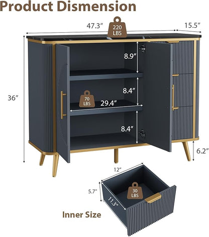 47.3" Modern Buffet Cabinet with Storage, Kitchen Sideboard Buffet with 2 Door & 3 Drawers, Fluted Caffee Bar Storage Cabinet for Dining Room, Living Room, Entryway, Navy Blue