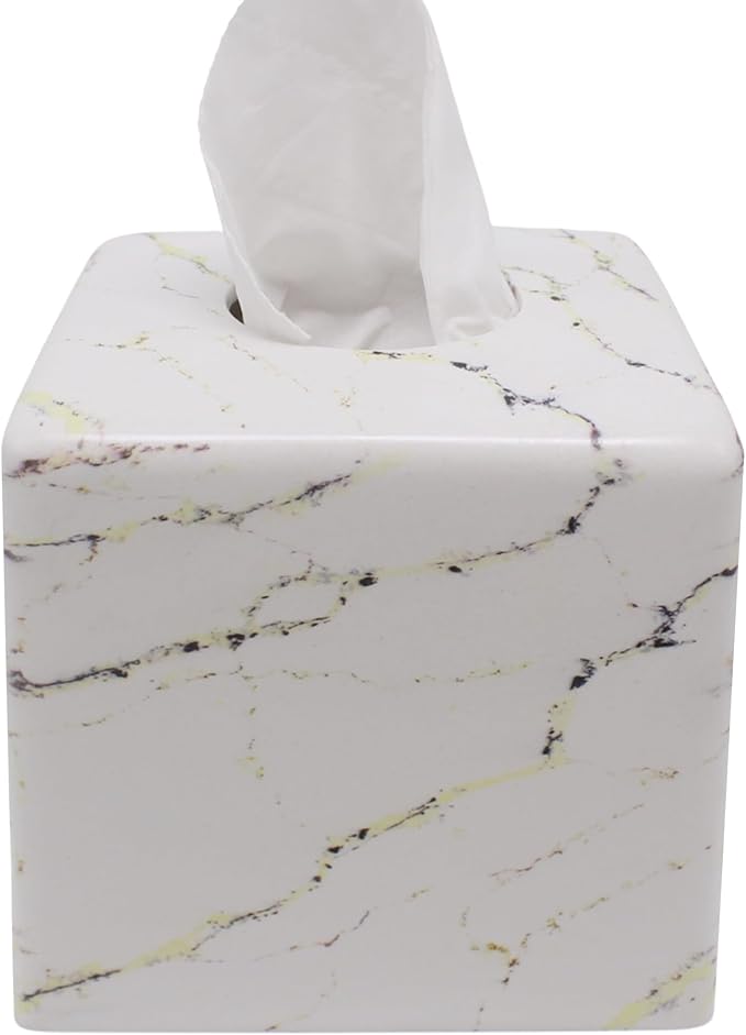 Marble Tissue Box Cover Square Decorative Stone Klenex Box Holder for Bathroom & Living Room with Handcrafted Texture (Marble-A)