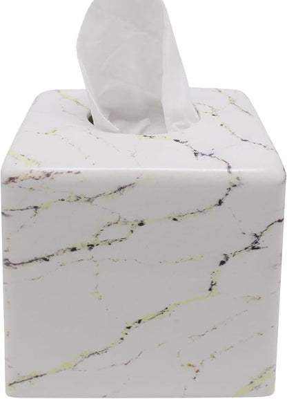 Marble Tissue Box Cover Square Decorative Stone Klenex Box Holder for Bathroom & Living Room with Handcrafted Texture (Marble-A)