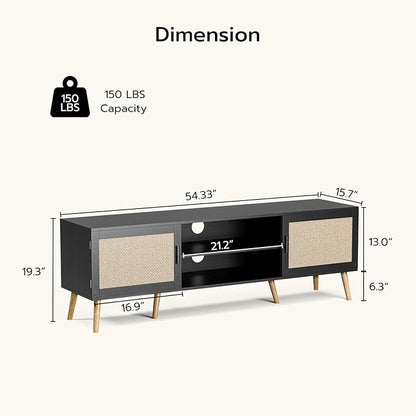 ZttRiee TV Stand for TVs up to 65'', Entertainment Center with Rattan Door, Shelves & 2 Cabinets, Boho Media TV Console for Living Room, Bedroom, Black