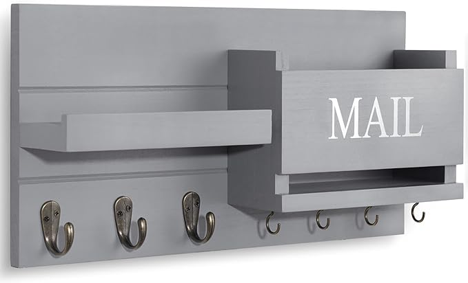 Mail Organizer for Wall Mount – Key Holder with Shelf Includes Letter Holder and Hooks for Hallway Farmhouse Decor – Rustic Wood with Flush Mounting Hardware (16.5” x 9.1” x 3.4”) (Gray)