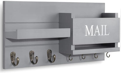 Mail Organizer for Wall Mount – Key Holder with Shelf Includes Letter Holder and Hooks for Hallway Farmhouse Decor – Rustic Wood with Flush Mounting Hardware (16.5” x 9.1” x 3.4”) (Gray)