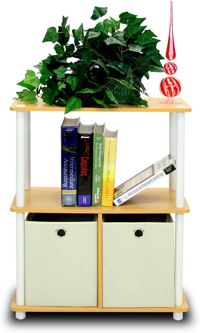 Furinno TURN-N-TUBE Storage Shelves Set of 2, 3-Tier Toolless Book Shelf with Storage Bins, Display Shelf, for Organization and Storage, Living Room, Garage, Home Office, Beech